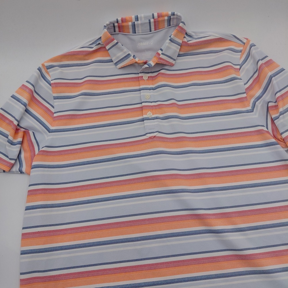 Johnnie-O Mens Erwin Lake Polo L UPF Striped Performance Colorful Stretch Blue